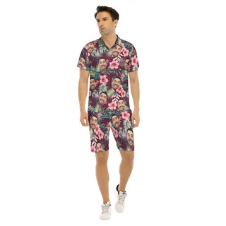 Men's Custom Face Red Hawaiian Shirt Set