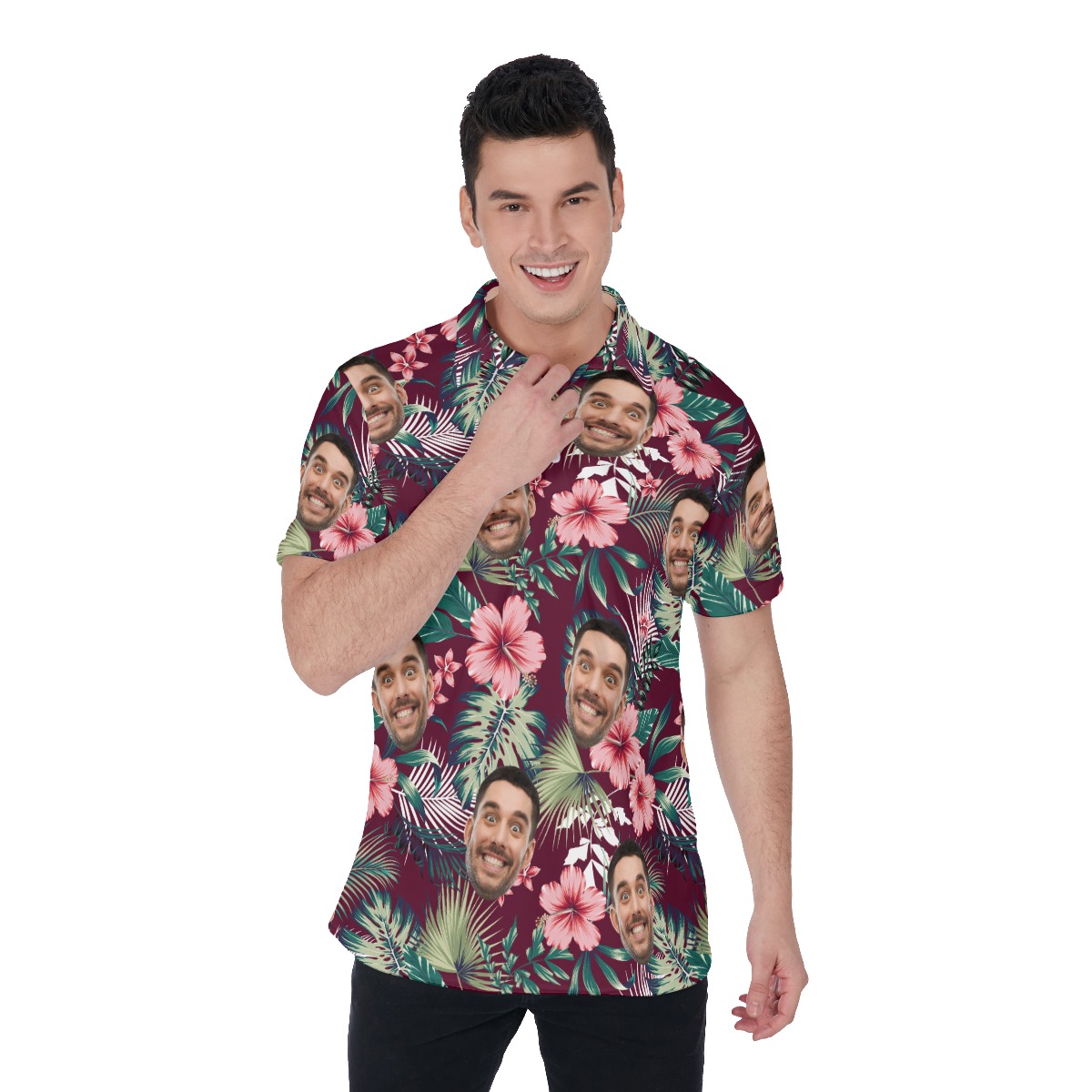 Personalized Men's Red Hawaiian Polo Shirt With Face - variant image 1