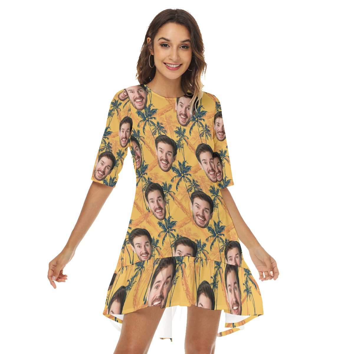 Custom Face Tropical Palm Tree Yellow Hawaiian Dress With Ruffle Hem - variant image 1