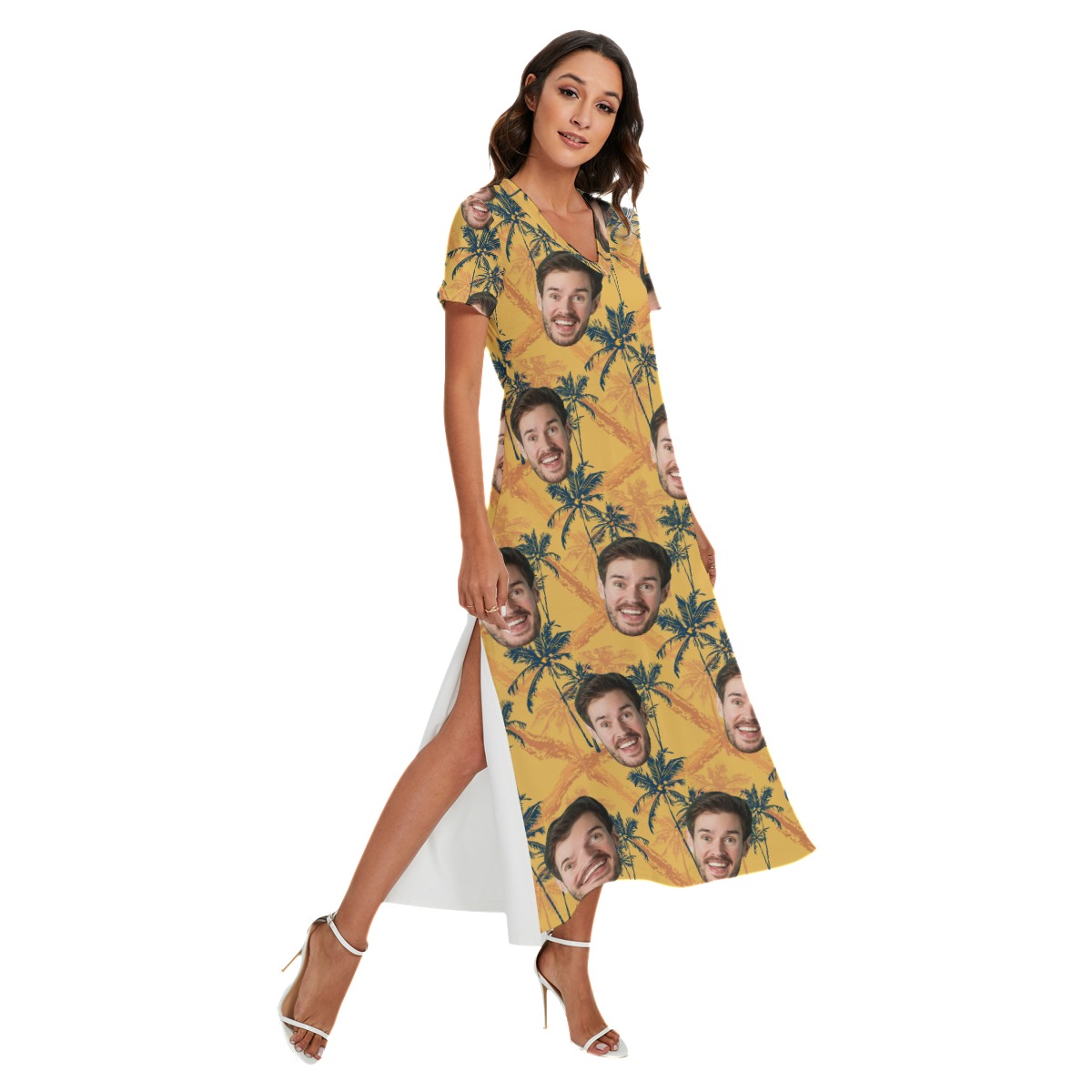 Tropical Palm Tree Custom Face Hawaiian Dress With Side Slit - variant image 1
