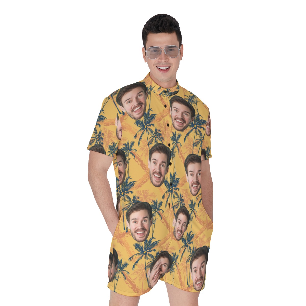 Tropical Palm Tree Yellow Hawaiian Romper With Custom Face - variant image 1