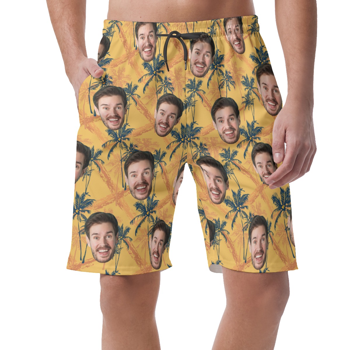 Tropical Palm Tree Custom Face Yellow Hawaiian Beach Shorts For Men - variant image 1