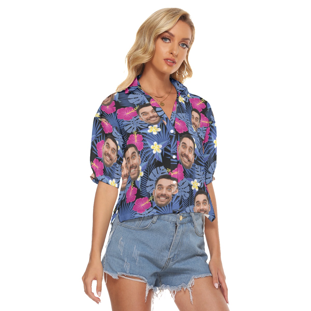 Custom Face Purple Hawaiian Cropped Shirt For Women
