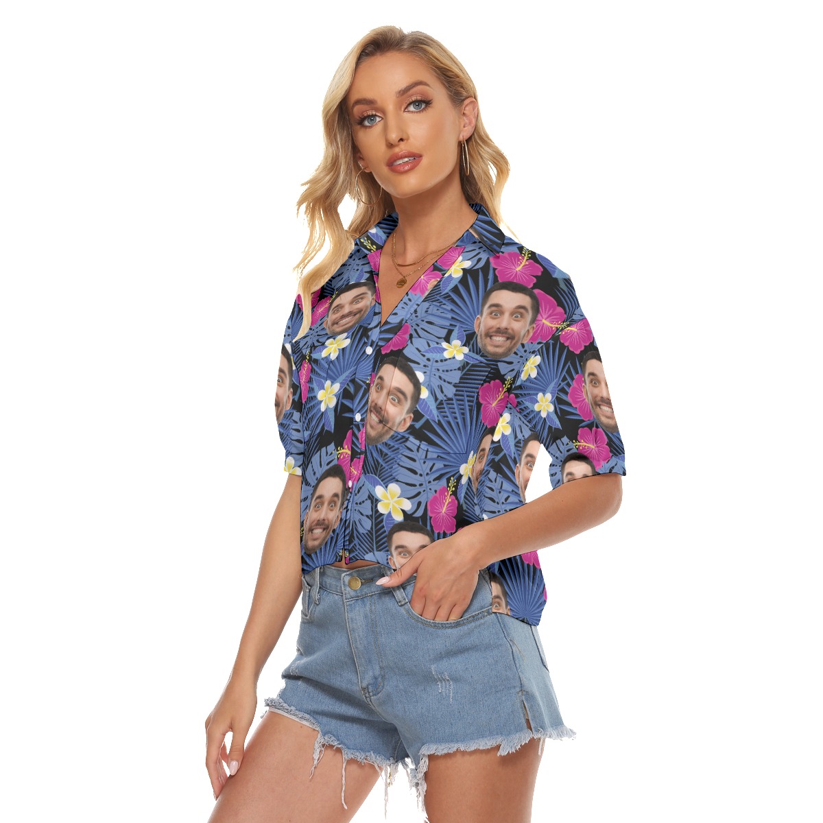 Custom Face Purple Hawaiian Cropped Shirt For Women