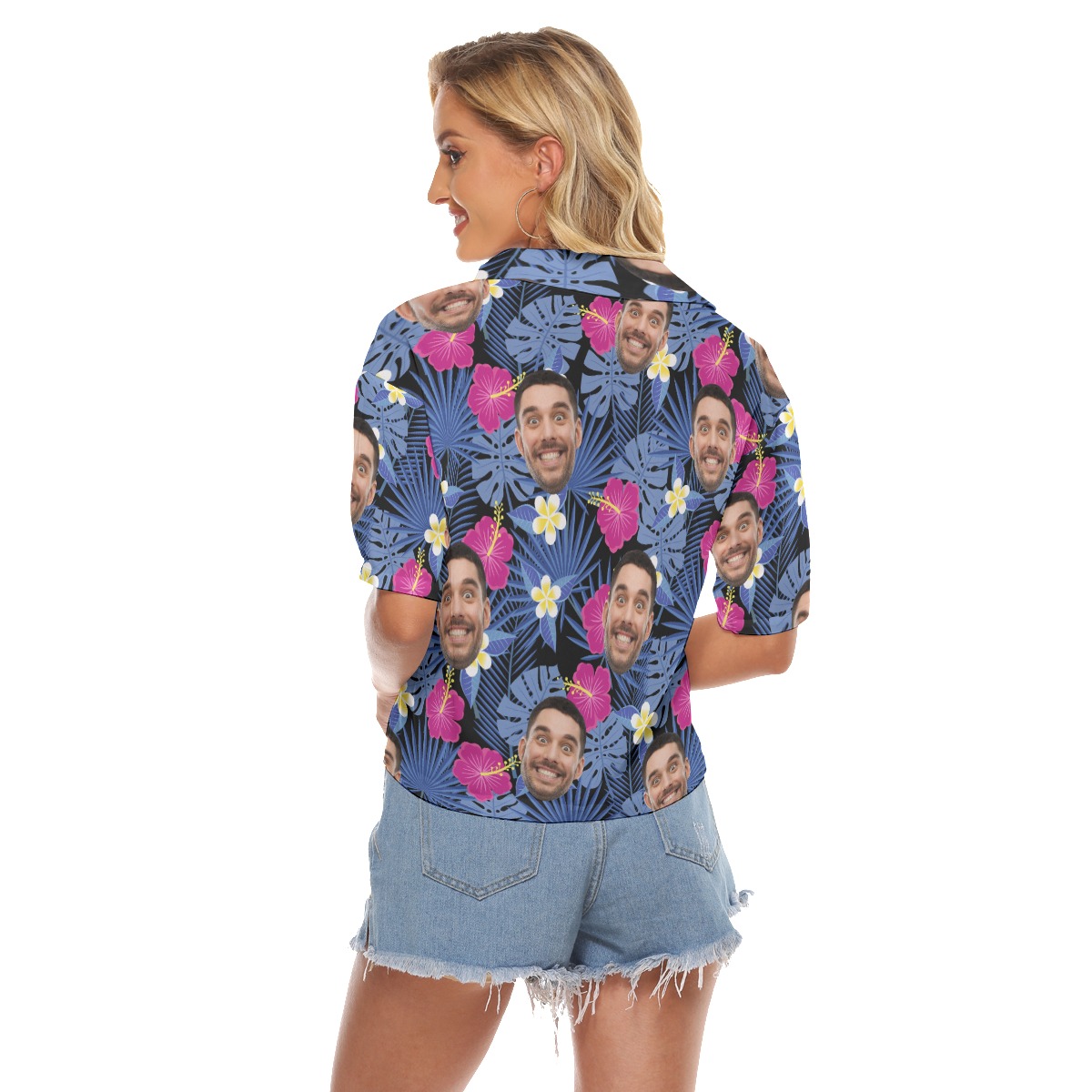 Custom Face Purple Hawaiian Cropped Shirt For Women