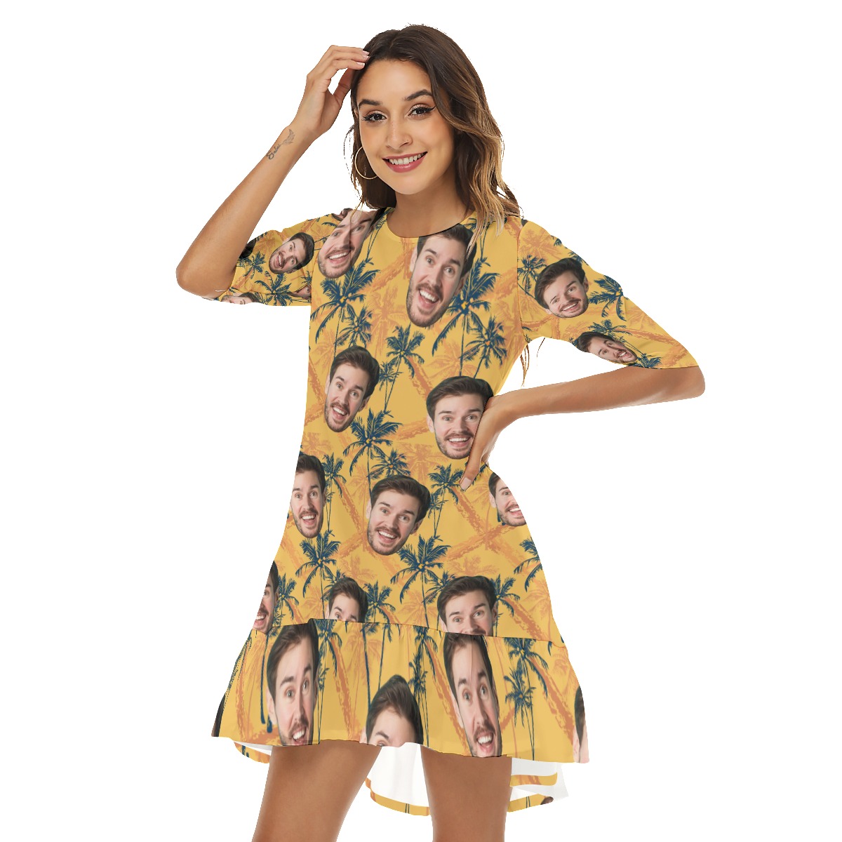Custom Face Tropical Palm Tree Yellow Hawaiian Dress With Ruffle Hem