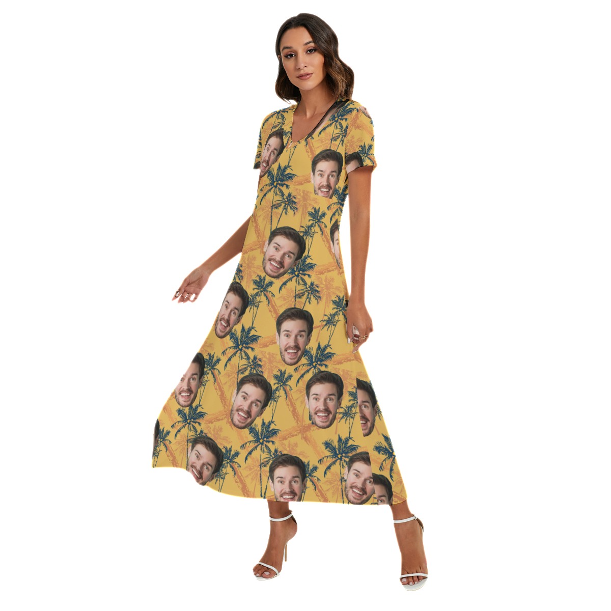 Tropical Palm Tree Custom Face Hawaiian Dress With Side Slit