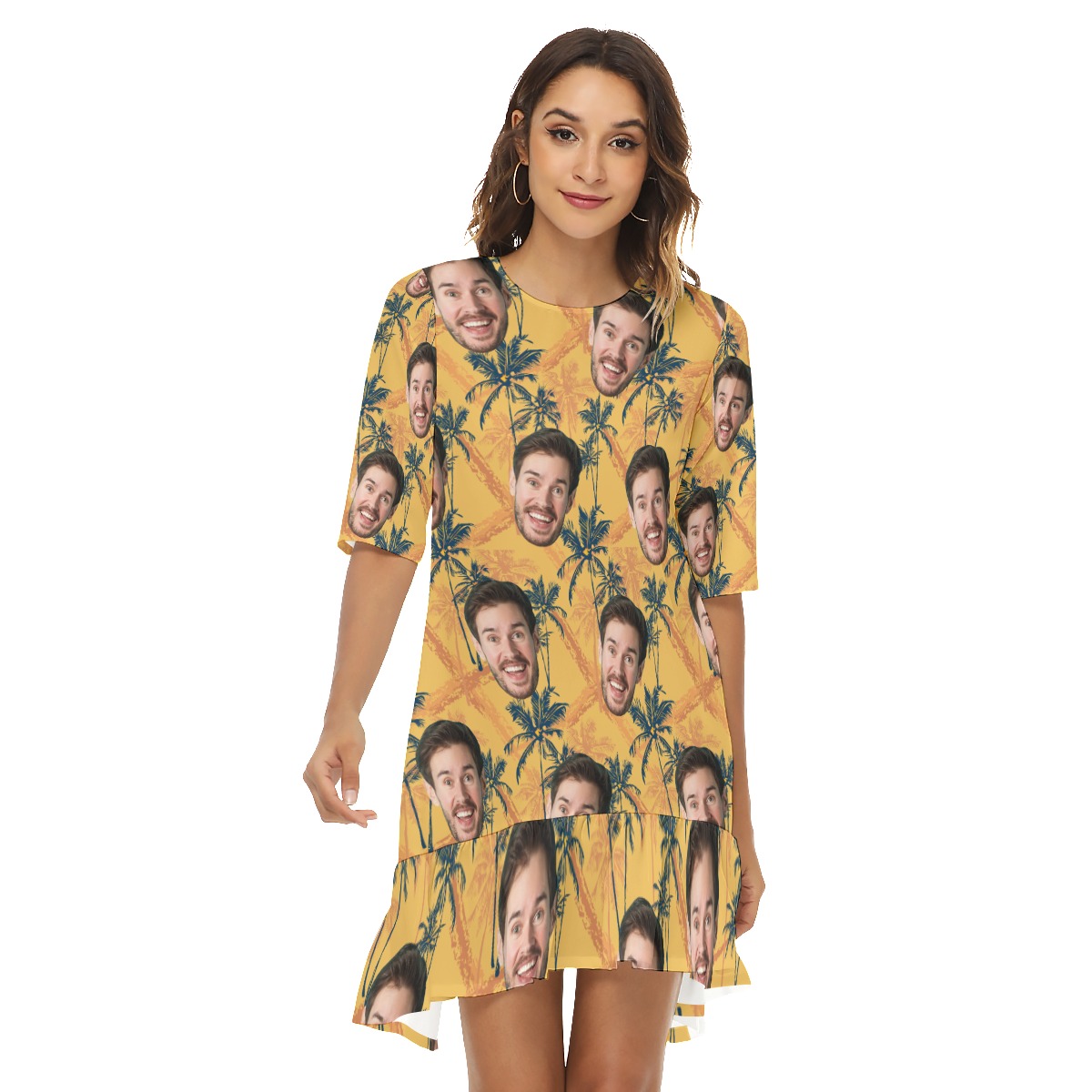 Custom Face Tropical Palm Tree Yellow Hawaiian Dress With Ruffle Hem