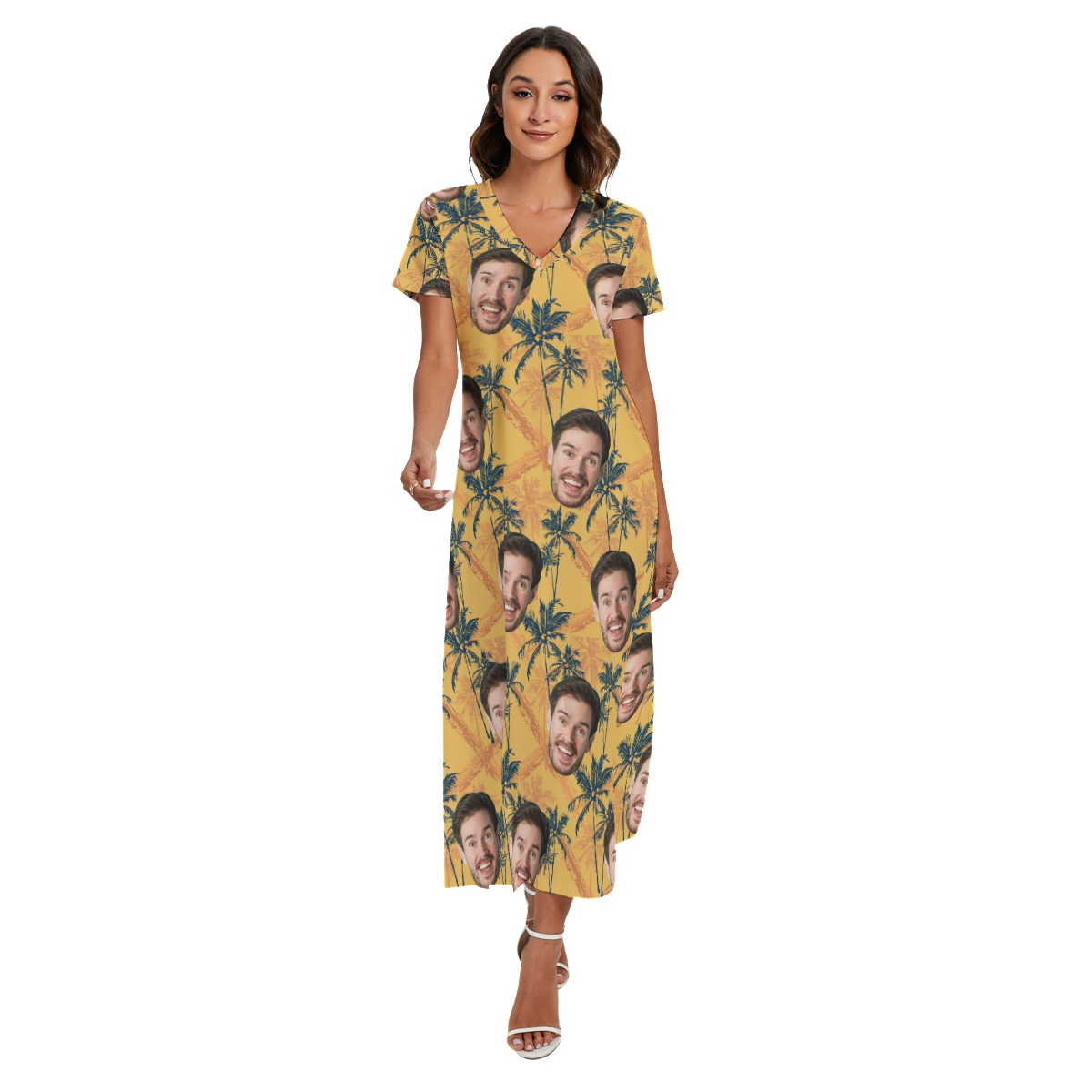 Tropical Palm Tree Custom Face Hawaiian Dress With Side Slit