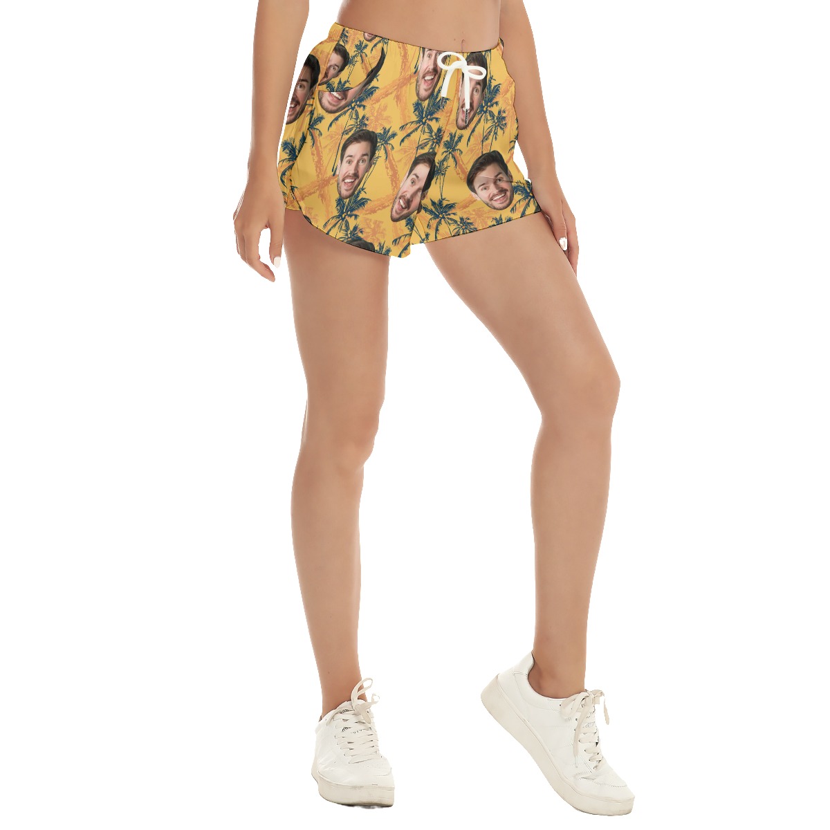Funny Custom Face Tropical Palm Tree Yellow Hawaiian Summer Shorts For Men