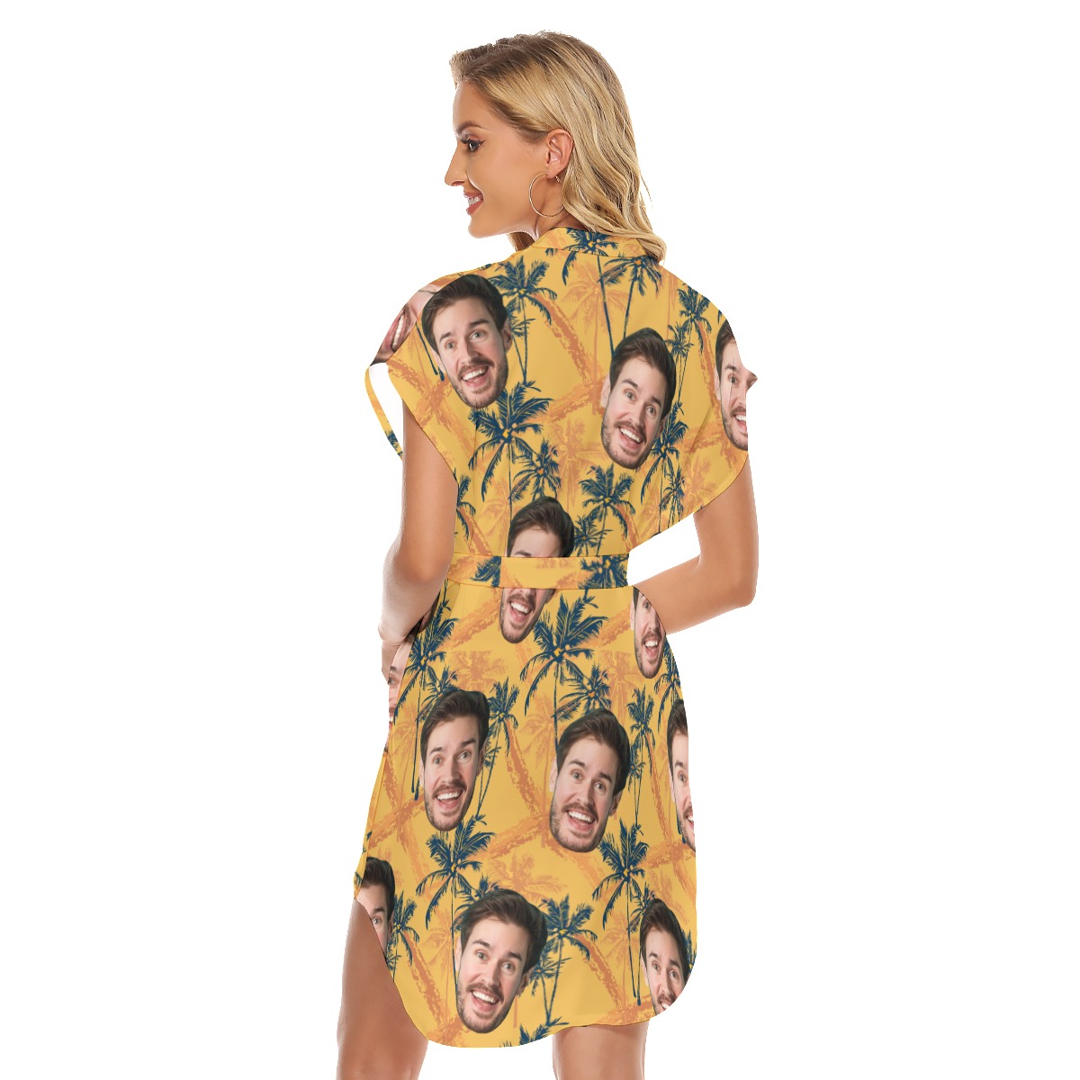 Custom Face Tropical Palm Tree Yellow Hawaiian Dress With Belt