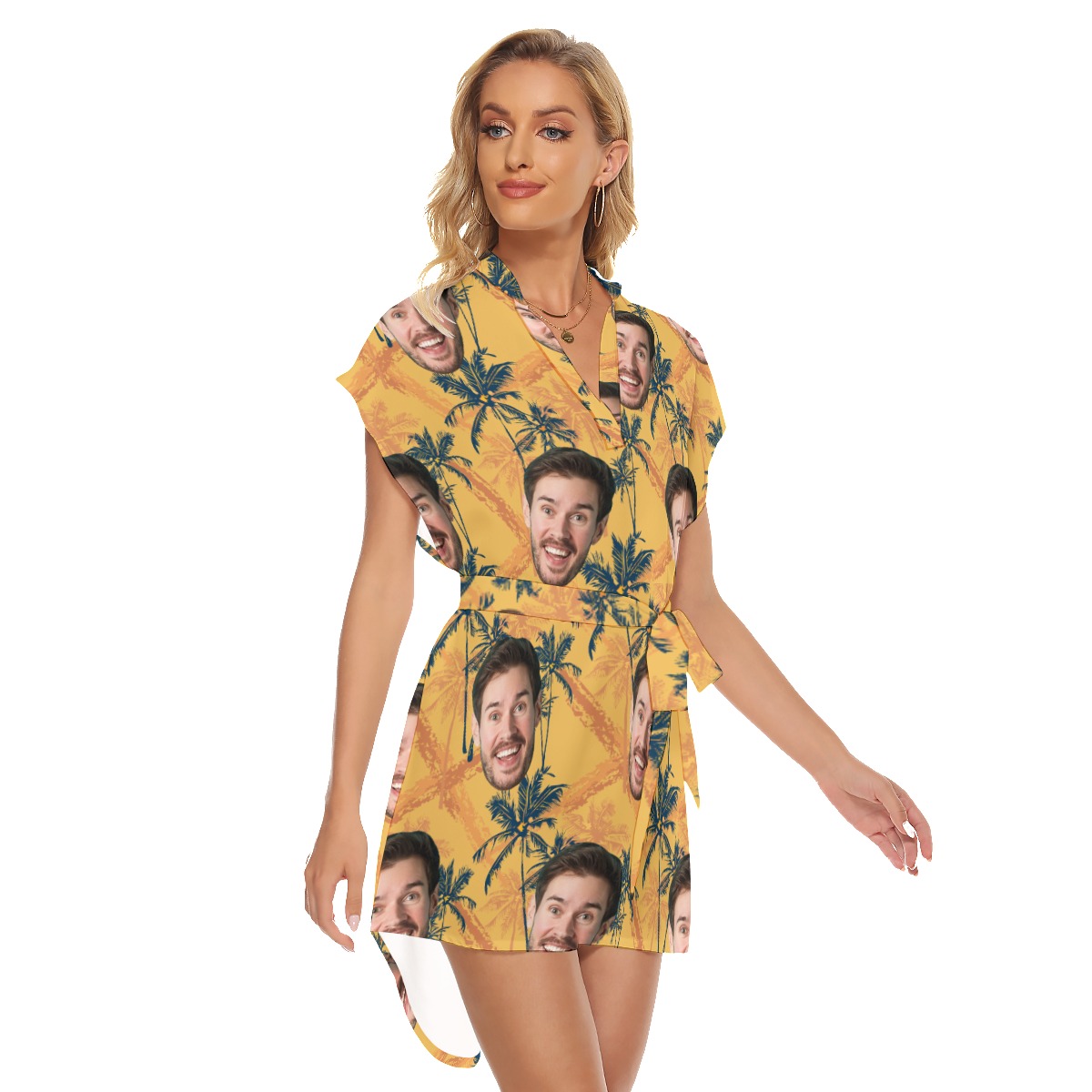 Custom Face Tropical Palm Tree Yellow Hawaiian Dress With Belt