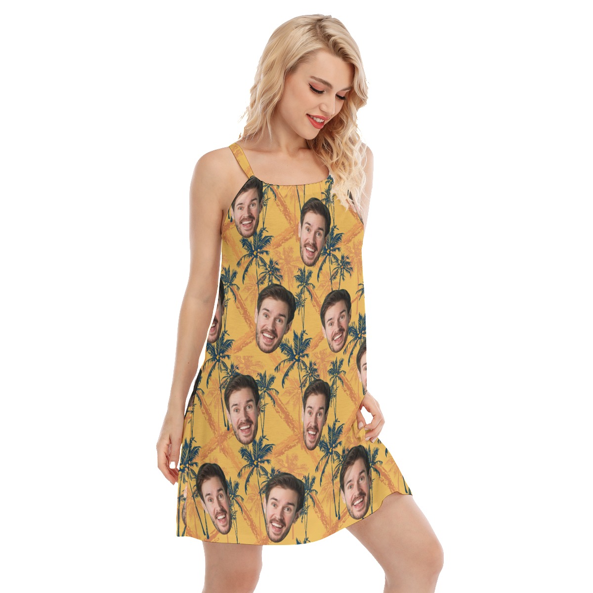 Tropical Palm Tree Yellow Hawaiian Dress With Custom Face