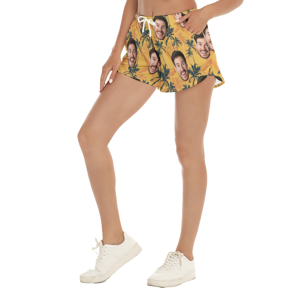 Funny Custom Face Tropical Palm Tree Yellow Hawaiian Summer Shorts For Men