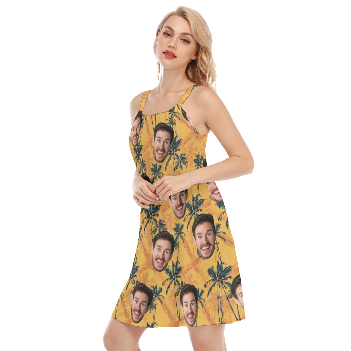 Tropical Palm Tree Yellow Hawaiian Dress With Custom Face