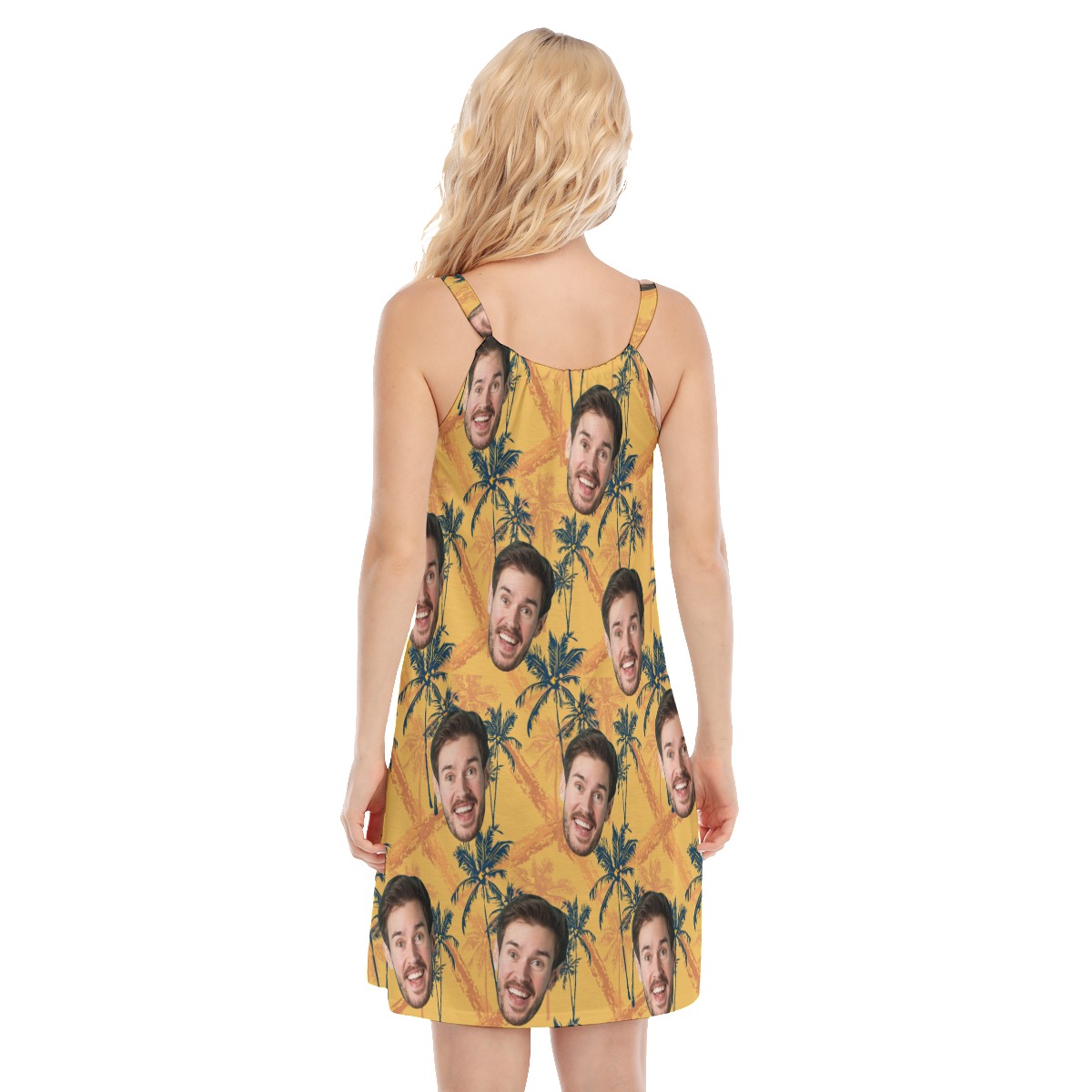 Tropical Palm Tree Yellow Hawaiian Dress With Custom Face