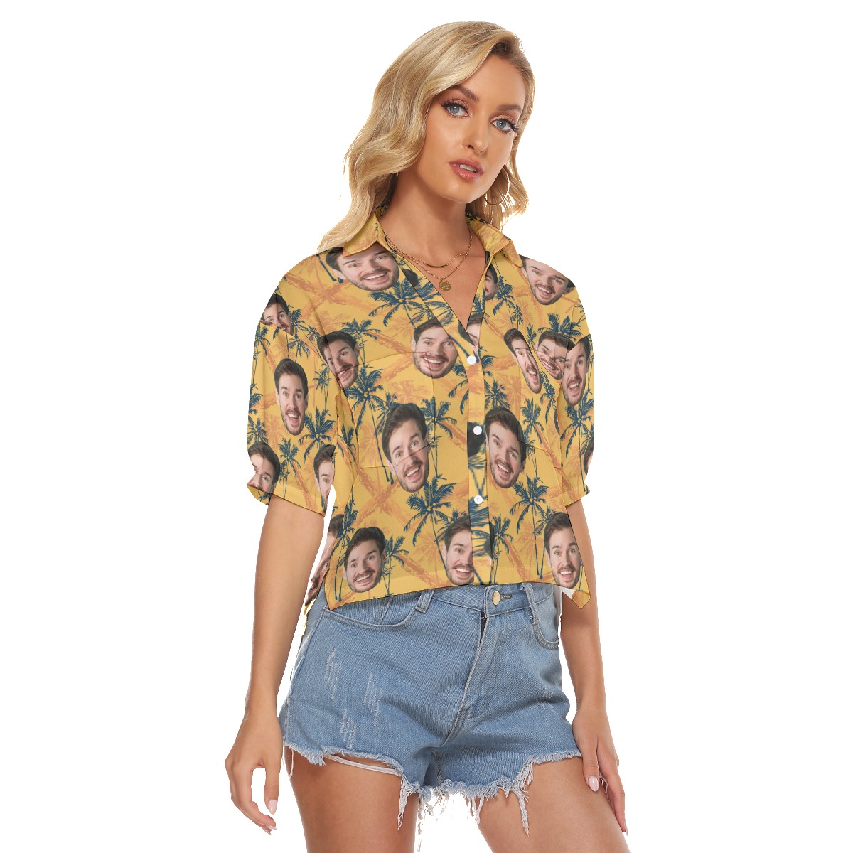 Custom Tropical Palm Tree Yellow Hawaiian Crop Top Shirt With Face