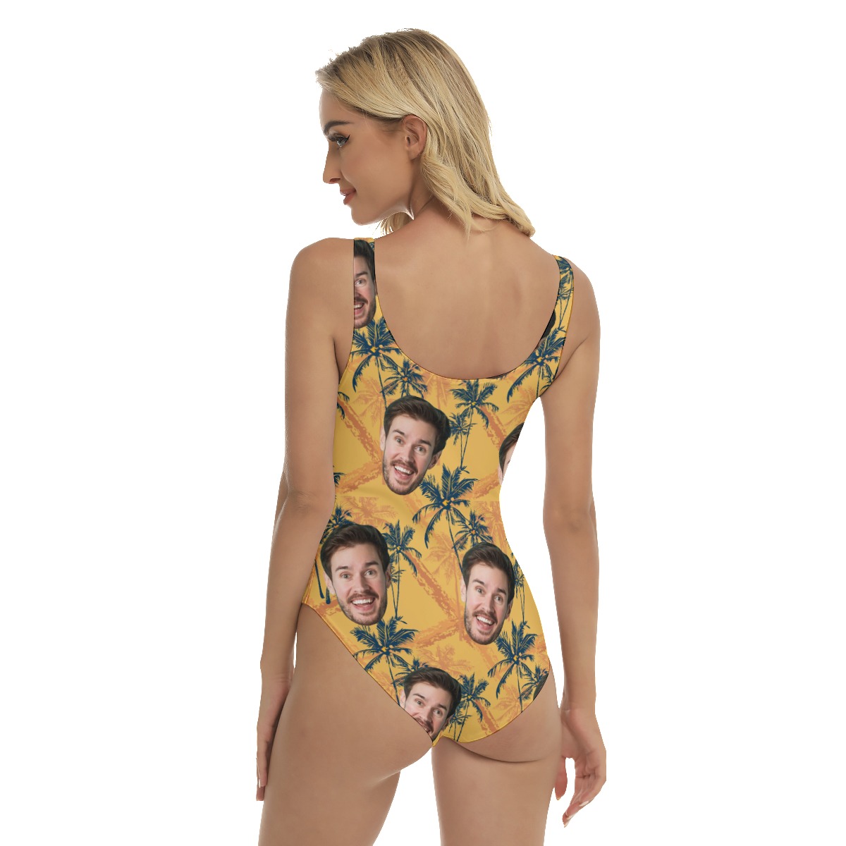 Tropical Palm Tree Yellow Hawaiian Swimsuit With Custom Face