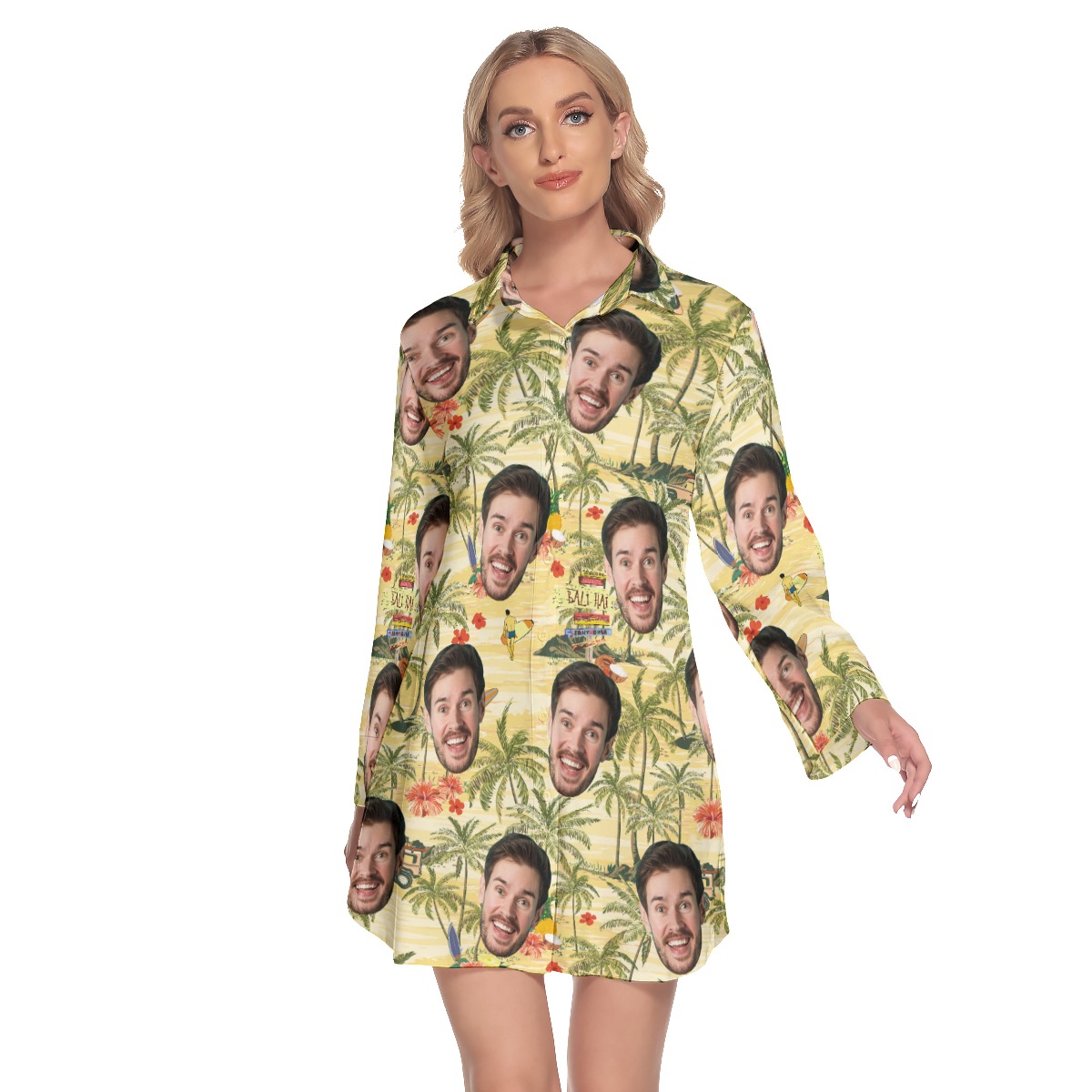 Tropical Palm Tree Custom Face Hawaiian Shirt Dress For Women - variant image 1