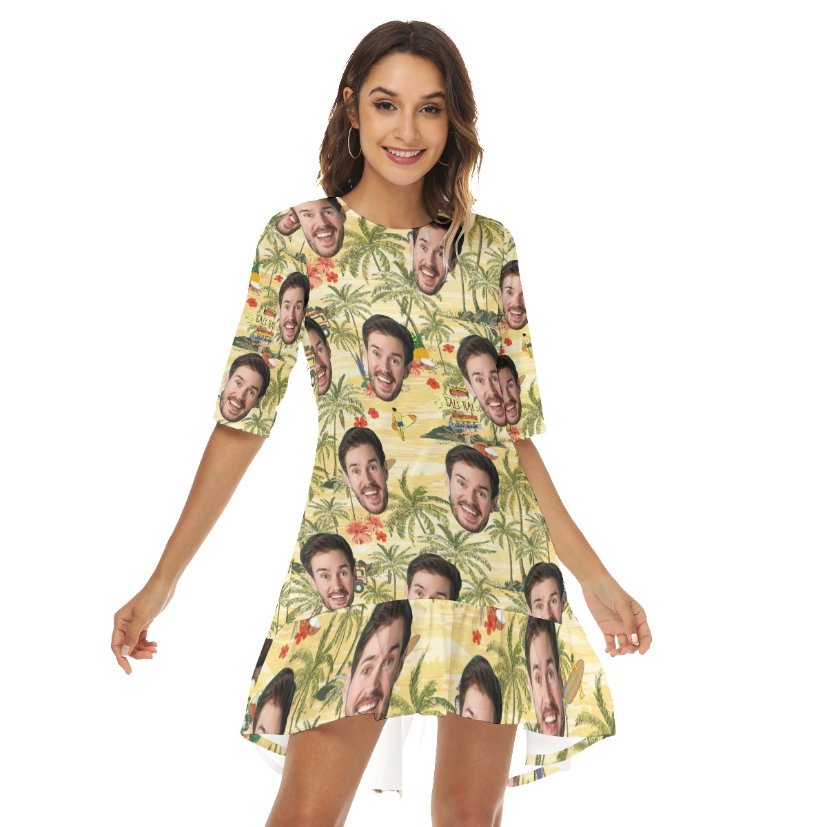 Funny Custom Face Tropical Palm Tree Hawaiian Dress With Ruffle Hem - variant image 1