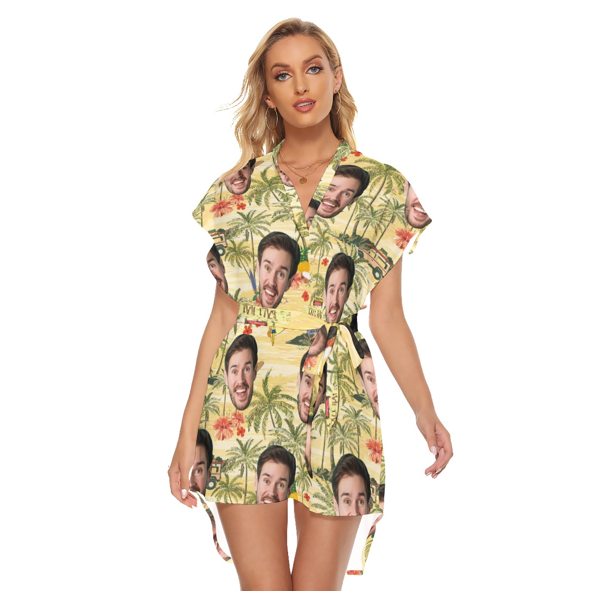 Funny Custom Face Tropical Palm Tree Yellow Hawaiian Dress With Belt - variant image 1