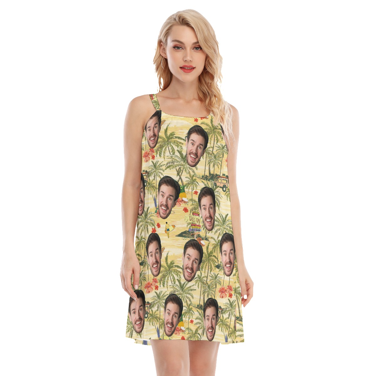 Funny Custom Face Tropical Palm Tree Hawaiian Cami Dress For Women - variant image 1