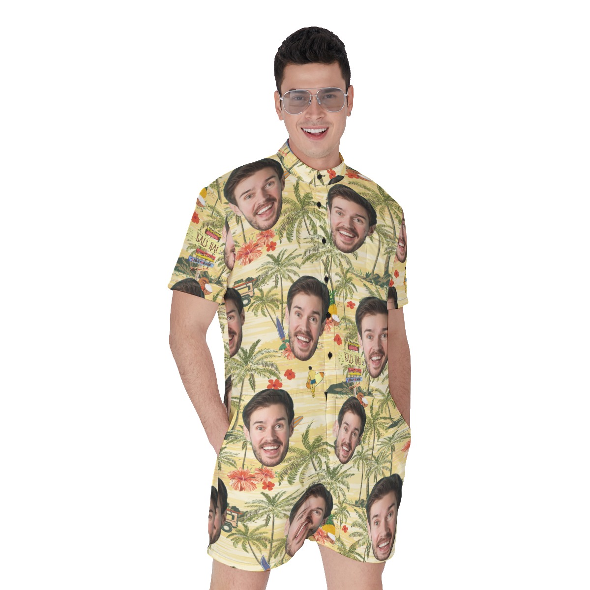 Tropical Palm Tree Custom Face Men's Hawaiian Romper - variant image 1