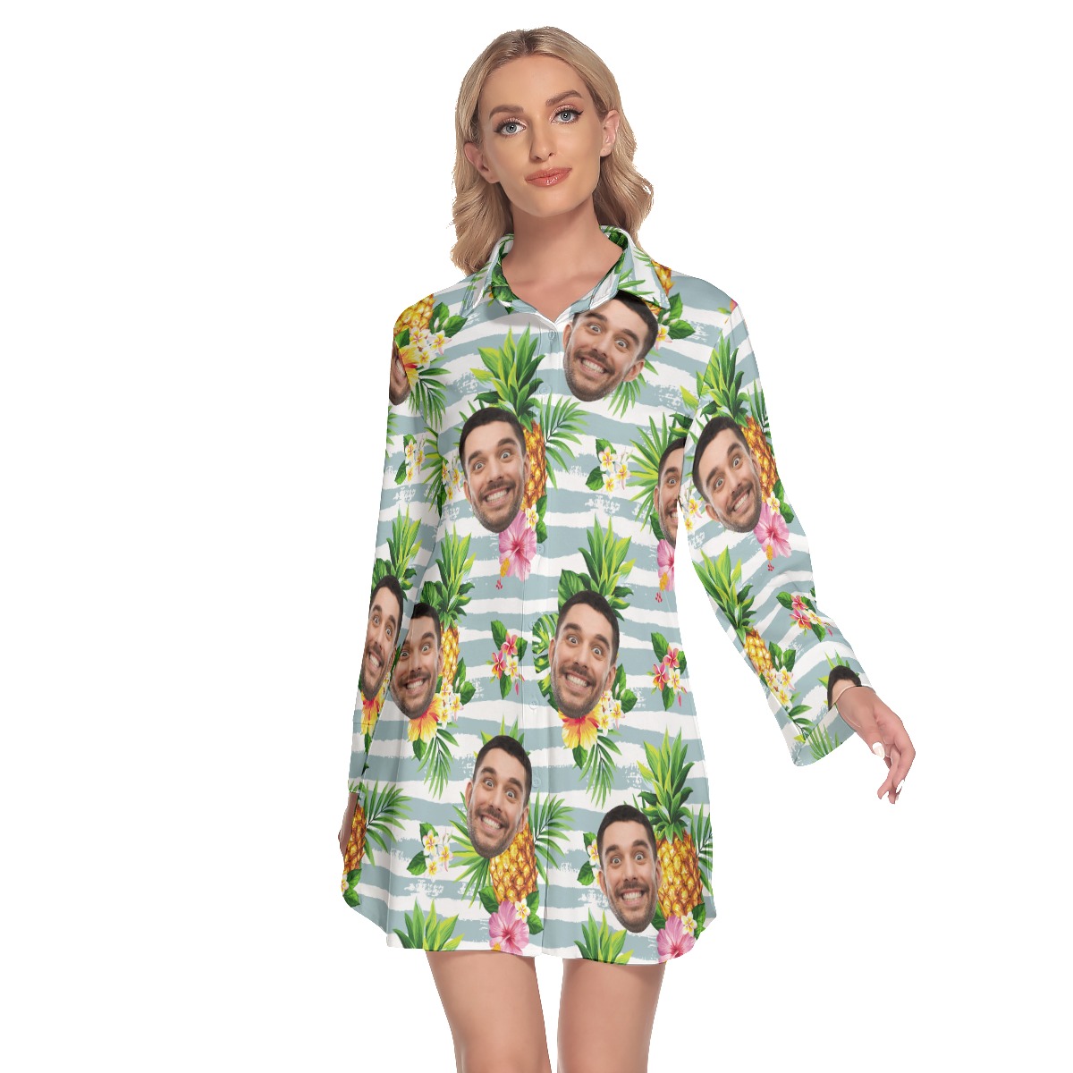 Custom Face Tropical Pineapples Women's Lapel Shirt Dress - variant image 1