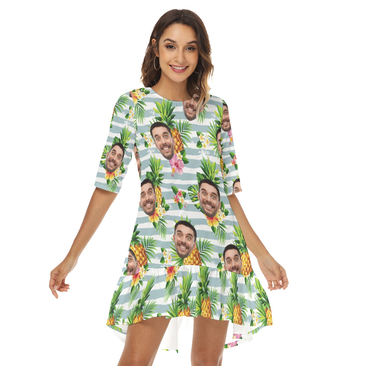 Custom Face Tropical Pineapples Hawaiian Beach Dress For Women - variant image 1