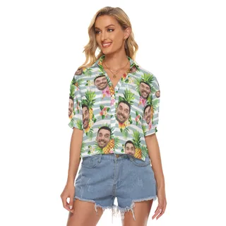 Women's Tropical Pineapples Custom Face Hawaiian Cropped Shirt