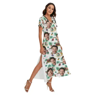 Beach Vibes Custom Face Hawaiian V-neck Dress With Side Slit