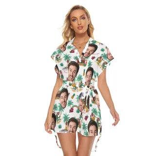 Custom Face Tropical Palm Tree Hawaiian Summer Dress With Belt For Women