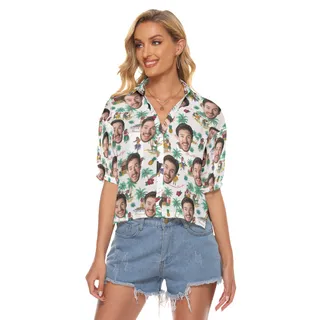 Funny Custom Face Beach Vibes Hawaiian Crop Top Shirt For Women