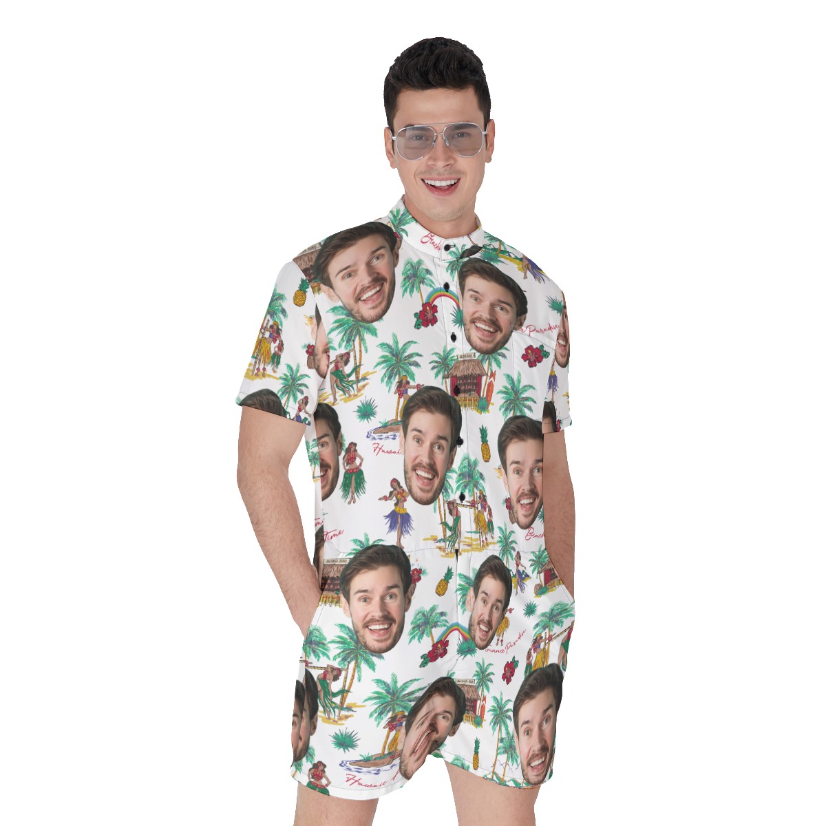 Funny Custom Face Tropical Palm Tree Men's Hawaiian Romper - variant image 1