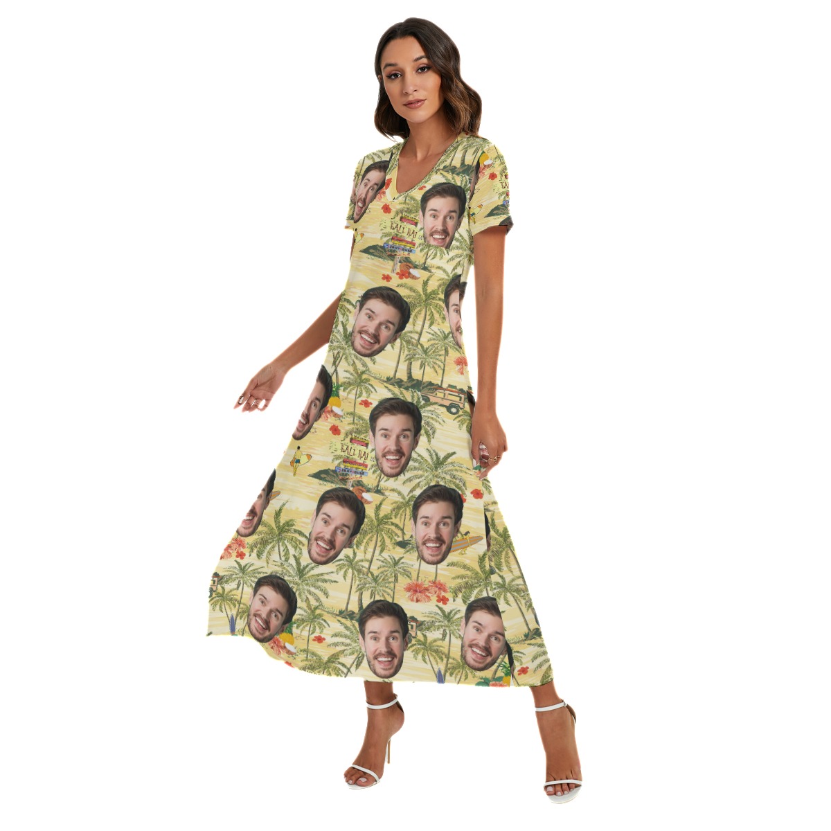 Funny Custom Face Tropical Palm Tree Hawaiian Dress With Side Slit