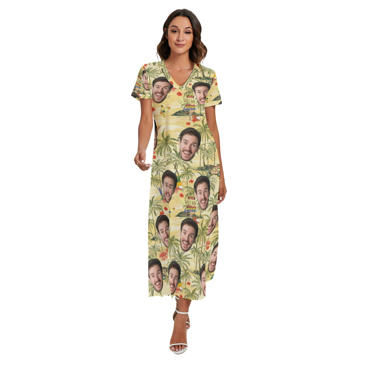 Funny Custom Face Tropical Palm Tree Hawaiian Dress With Side Slit