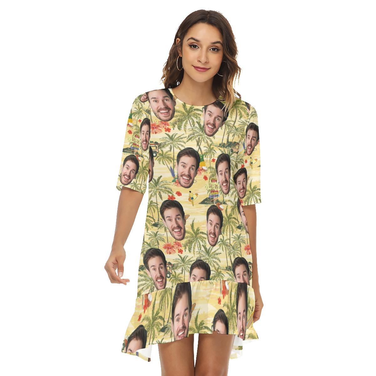 Funny Custom Face Tropical Palm Tree Hawaiian Dress With Ruffle Hem