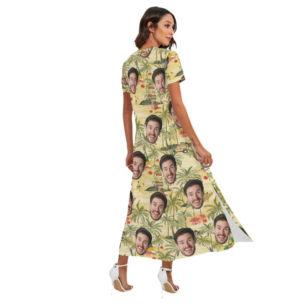 Funny Custom Face Tropical Palm Tree Hawaiian Dress With Side Slit