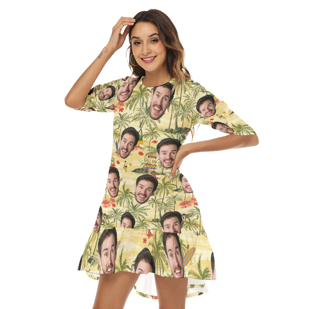 Funny Custom Face Tropical Palm Tree Hawaiian Dress With Ruffle Hem