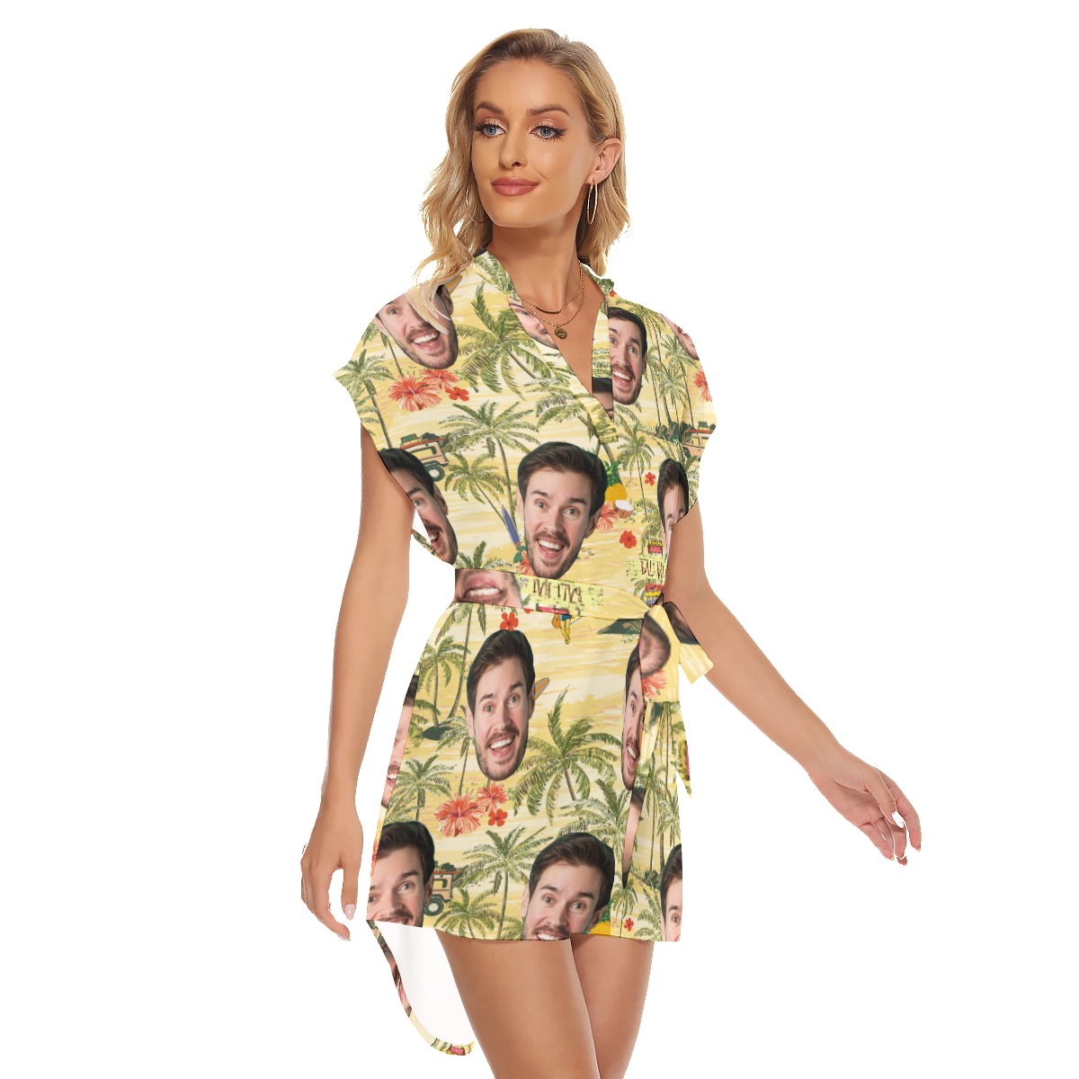 Funny Custom Face Tropical Palm Tree Yellow Hawaiian Dress With Belt