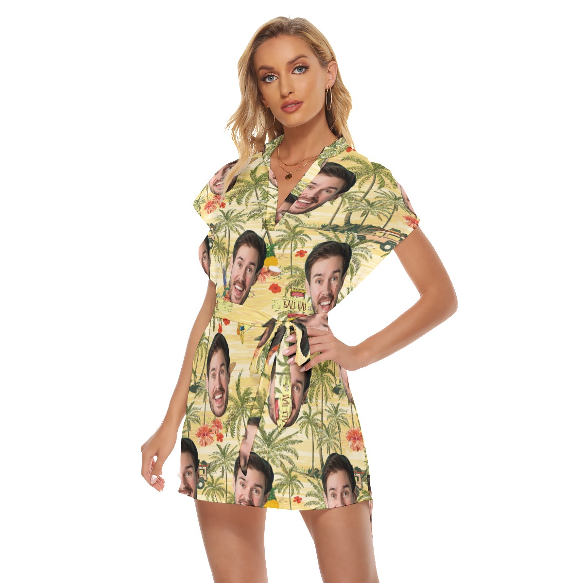 Funny Custom Face Tropical Palm Tree Yellow Hawaiian Dress With Belt