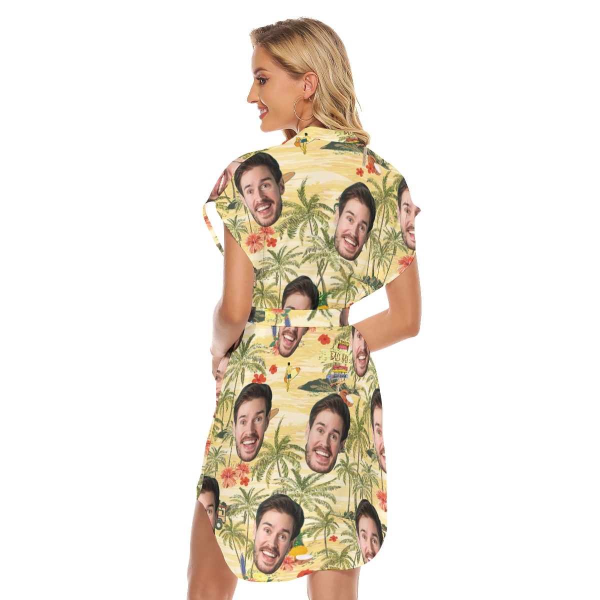 Funny Custom Face Tropical Palm Tree Yellow Hawaiian Dress With Belt