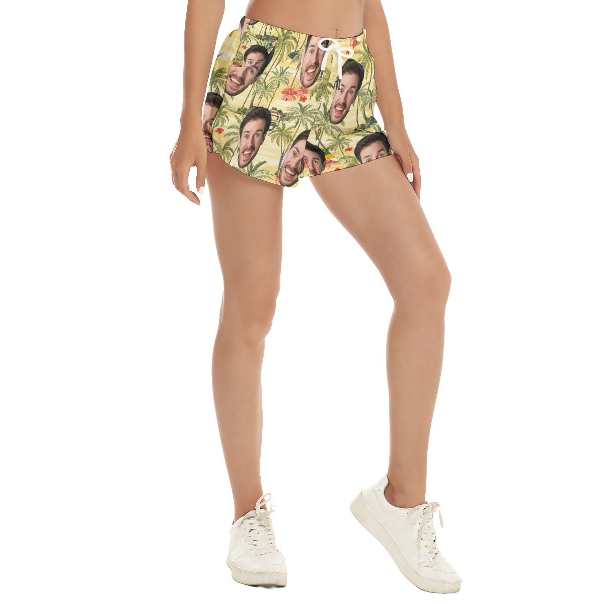 Funny Custom Face Tropical Palm Tree Hawaiian Beach Shorts For Women