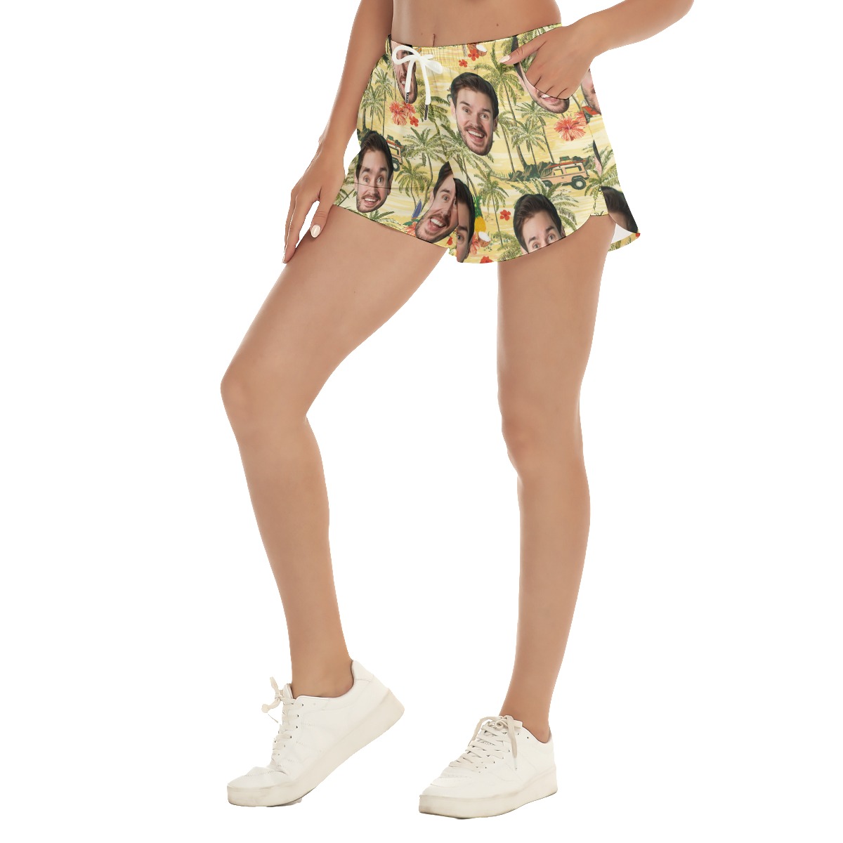 Funny Custom Face Tropical Palm Tree Hawaiian Beach Shorts For Women