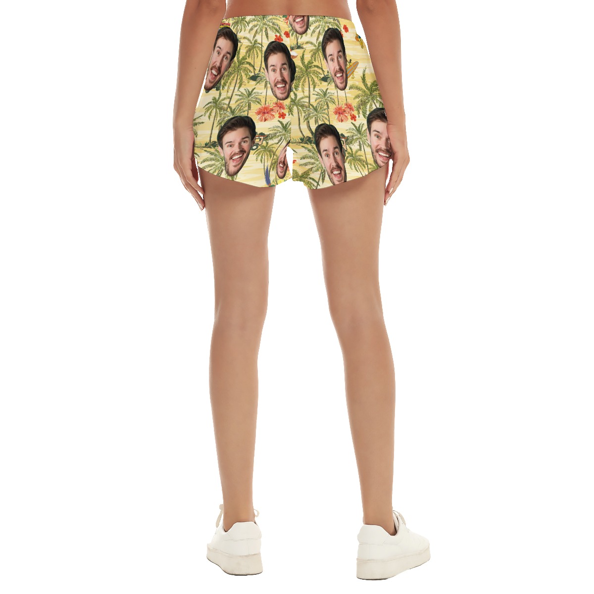 Funny Custom Face Tropical Palm Tree Hawaiian Beach Shorts For Women