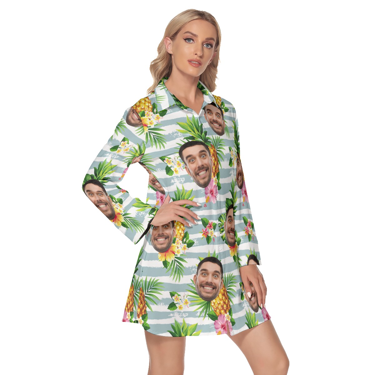 Custom Face Tropical Pineapples Women's Lapel Shirt Dress