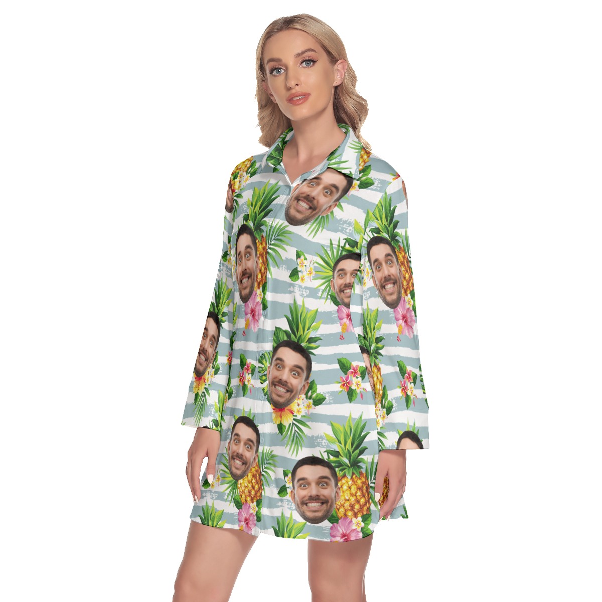 Custom Face Tropical Pineapples Women's Lapel Shirt Dress