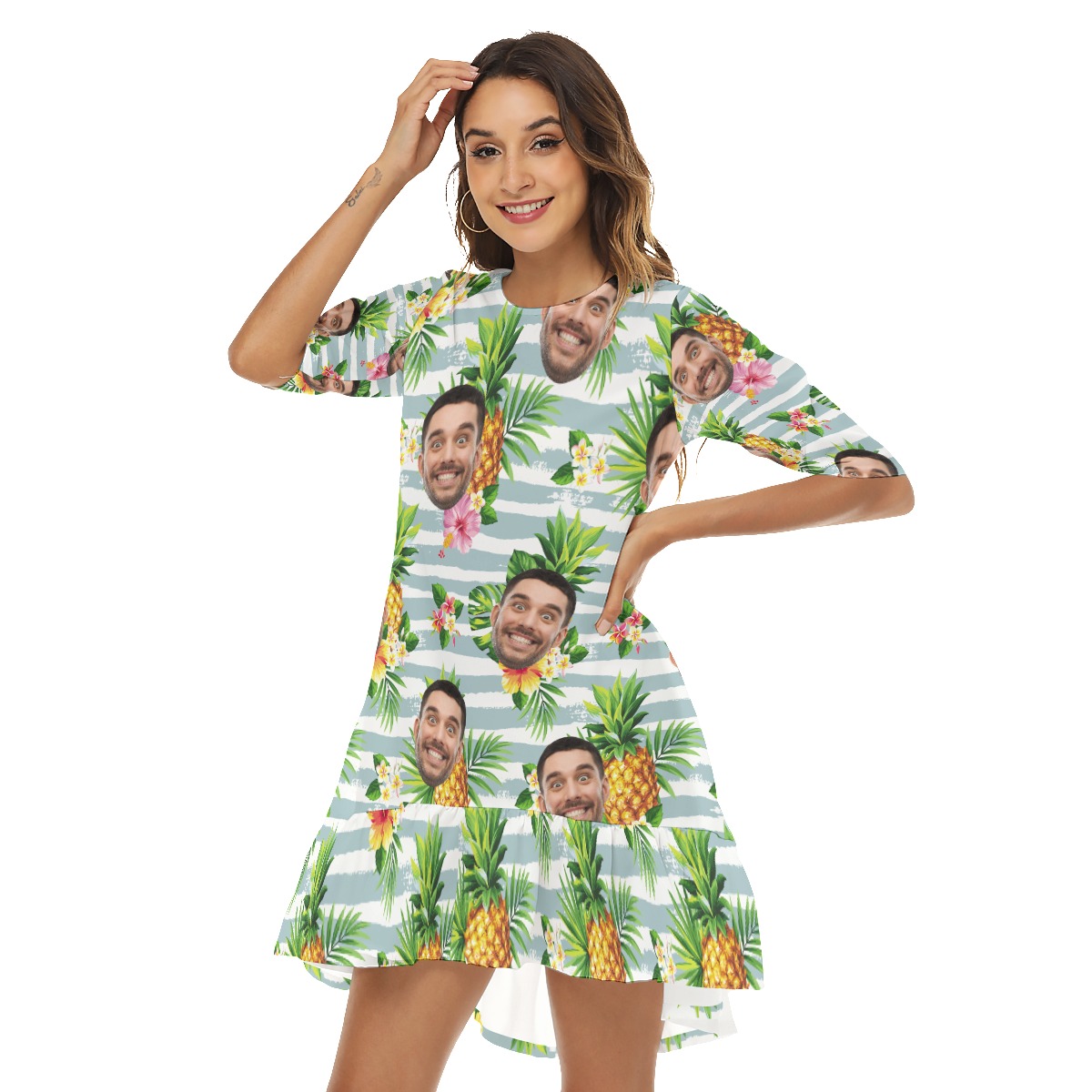 Custom Face Tropical Pineapples Hawaiian Beach Dress For Women
