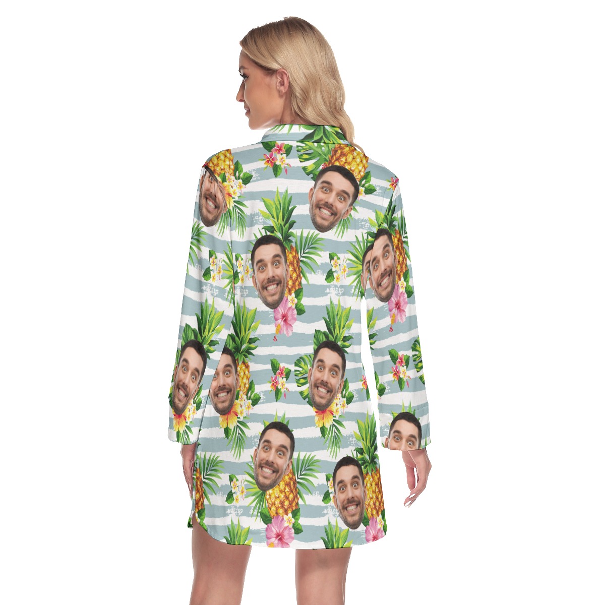 Custom Face Tropical Pineapples Women's Lapel Shirt Dress