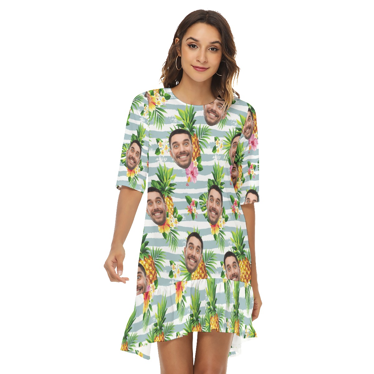 Custom Face Tropical Pineapples Hawaiian Beach Dress For Women